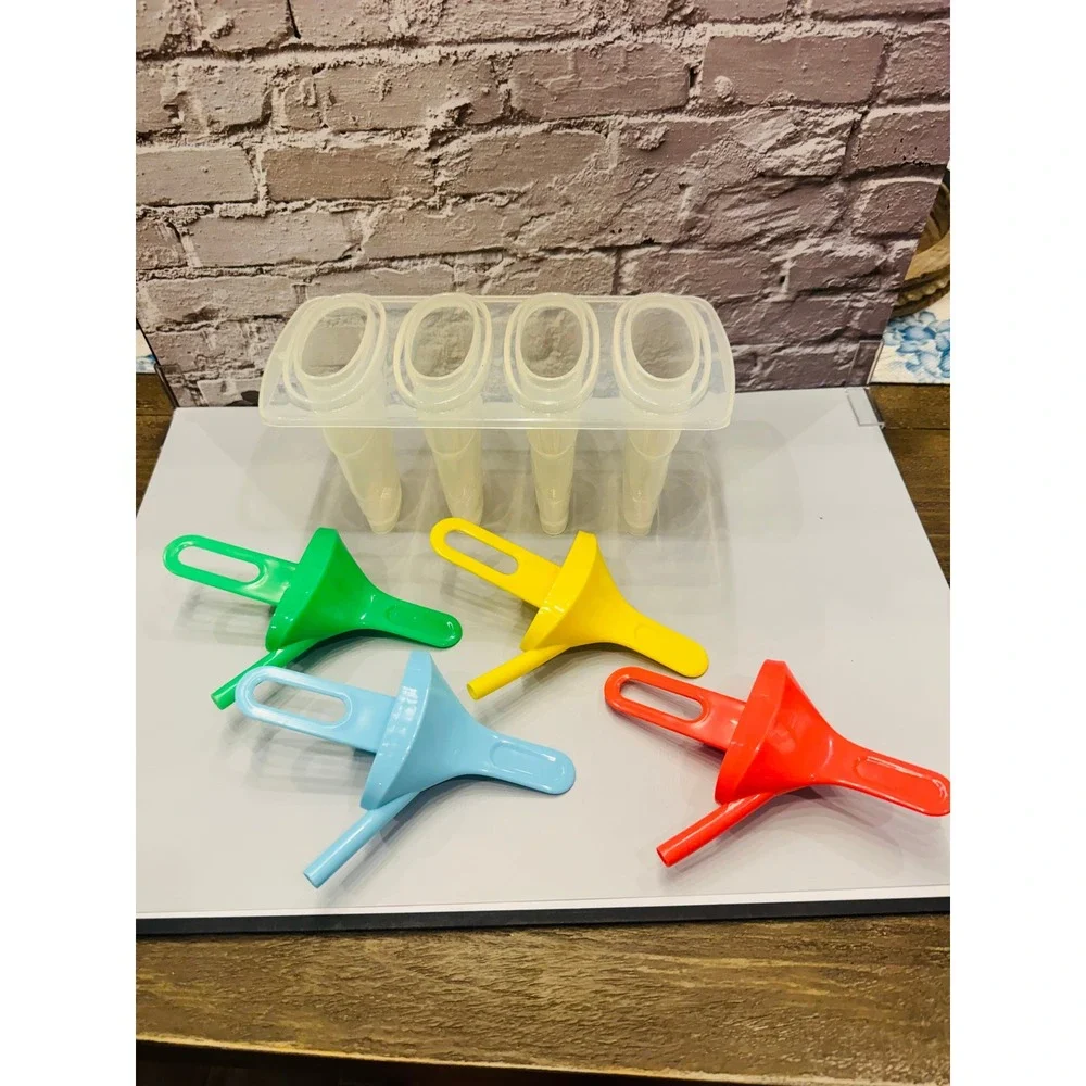 Vintage‎ 4 Slot Popsicle Mold Set Ice Pop Maker Colored Handles Complete Retro